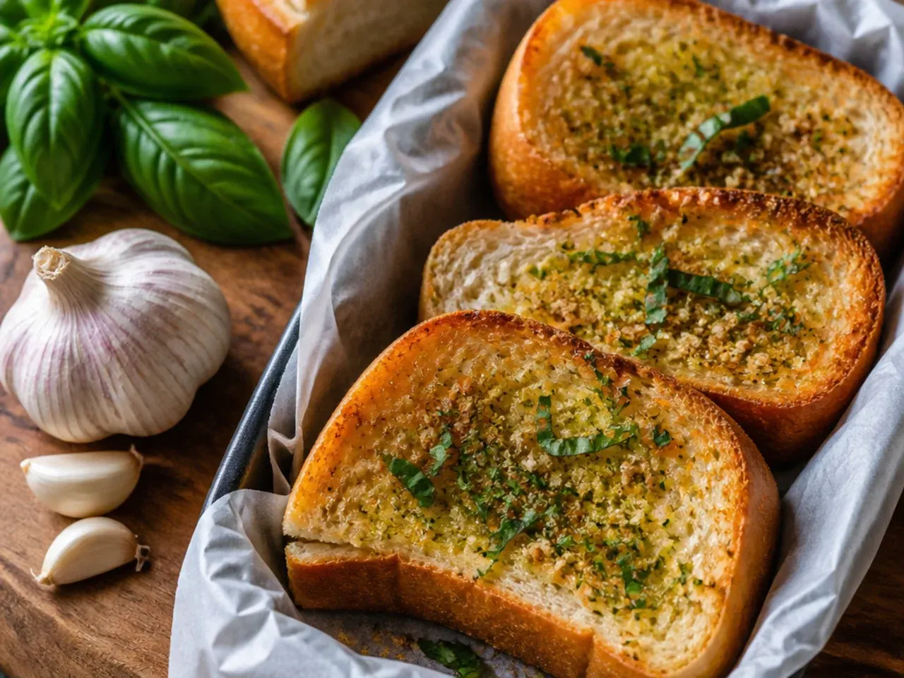 Stack of simple garlic toast slices with crisp golden edges on a white plate