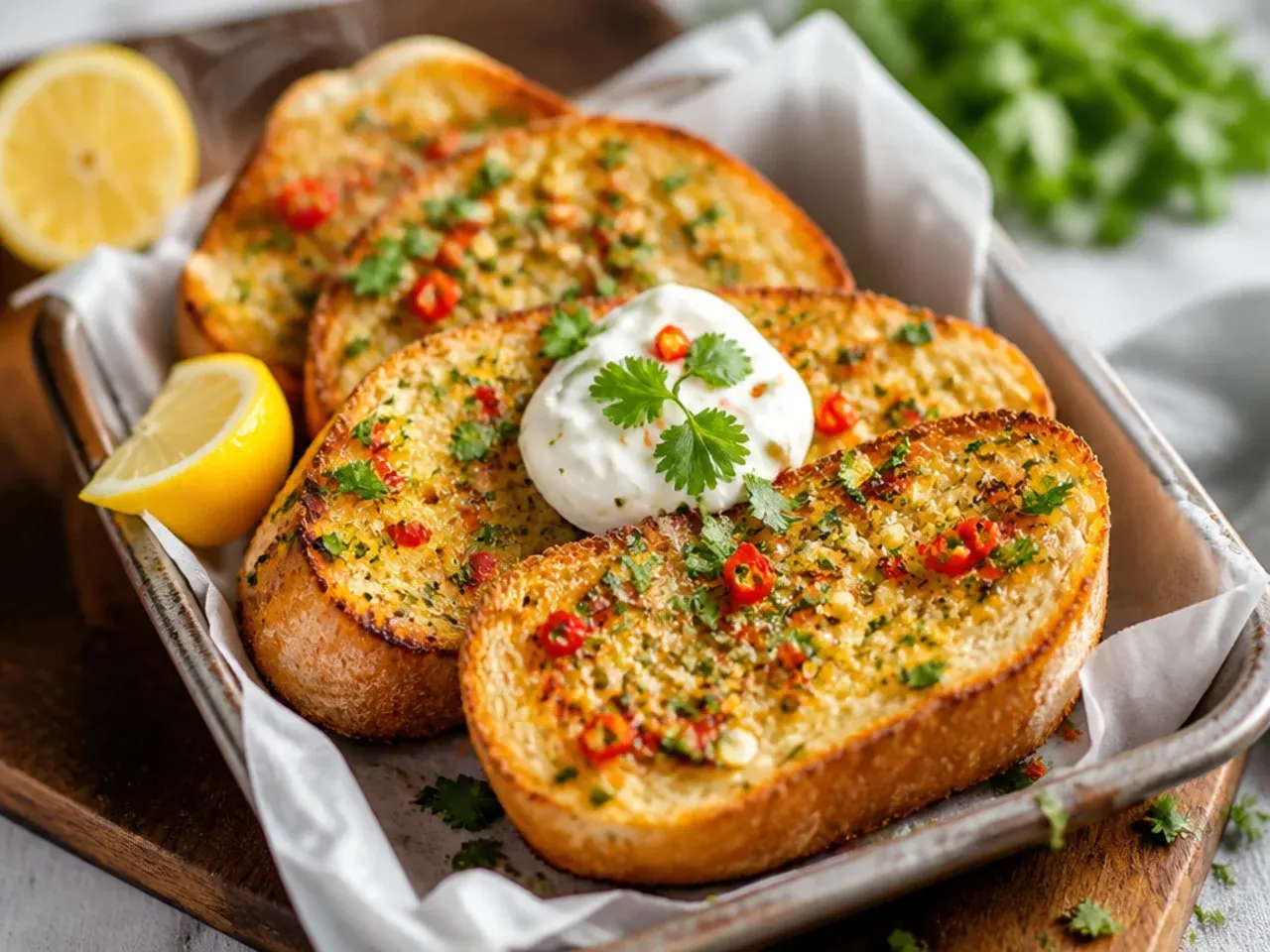 Zesty garlic bread garnished with lemon zest and red chilli flakes