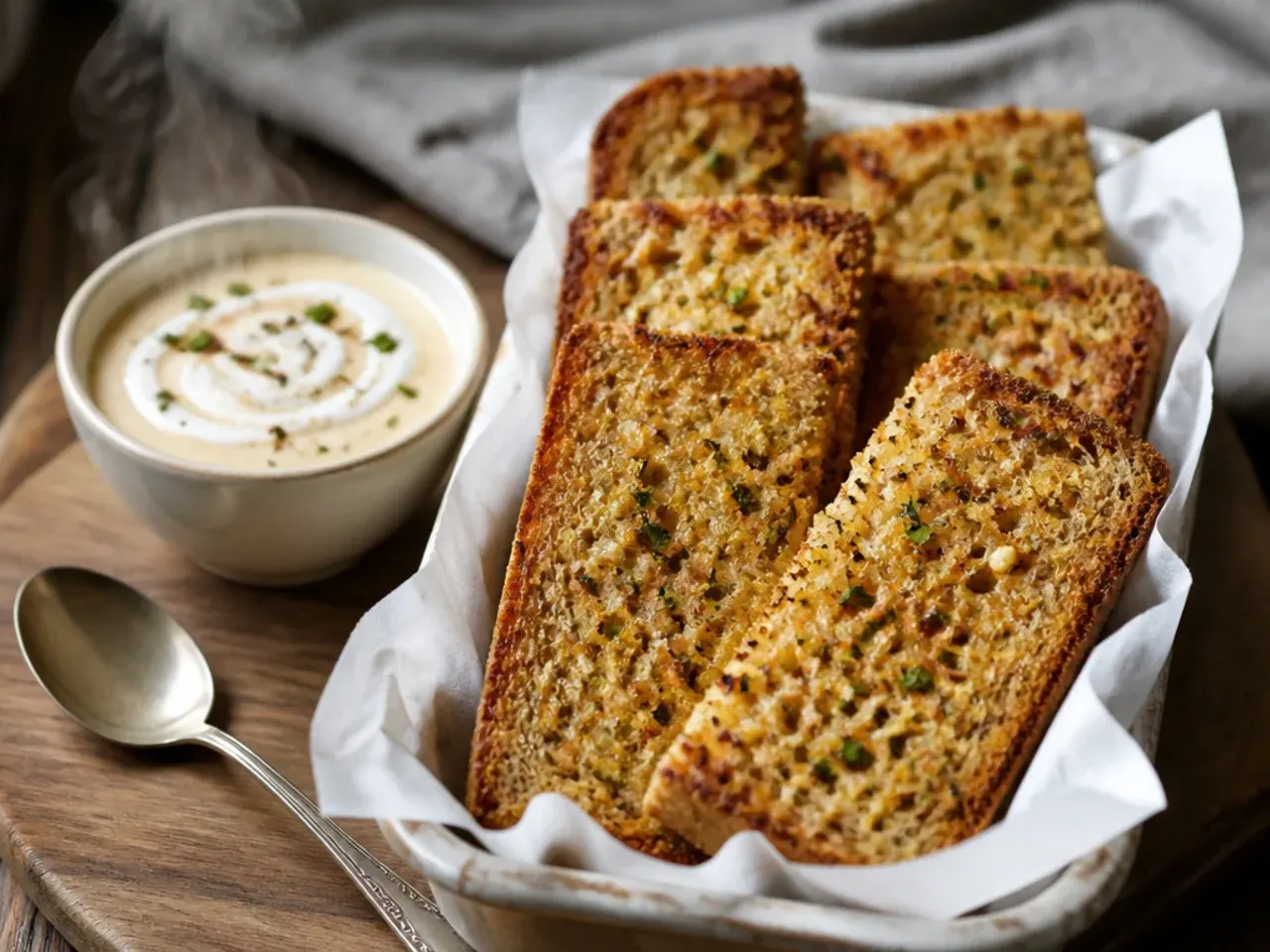 Sliced wholemeal garlic bread with a darker, nutty crumb on a rustic board