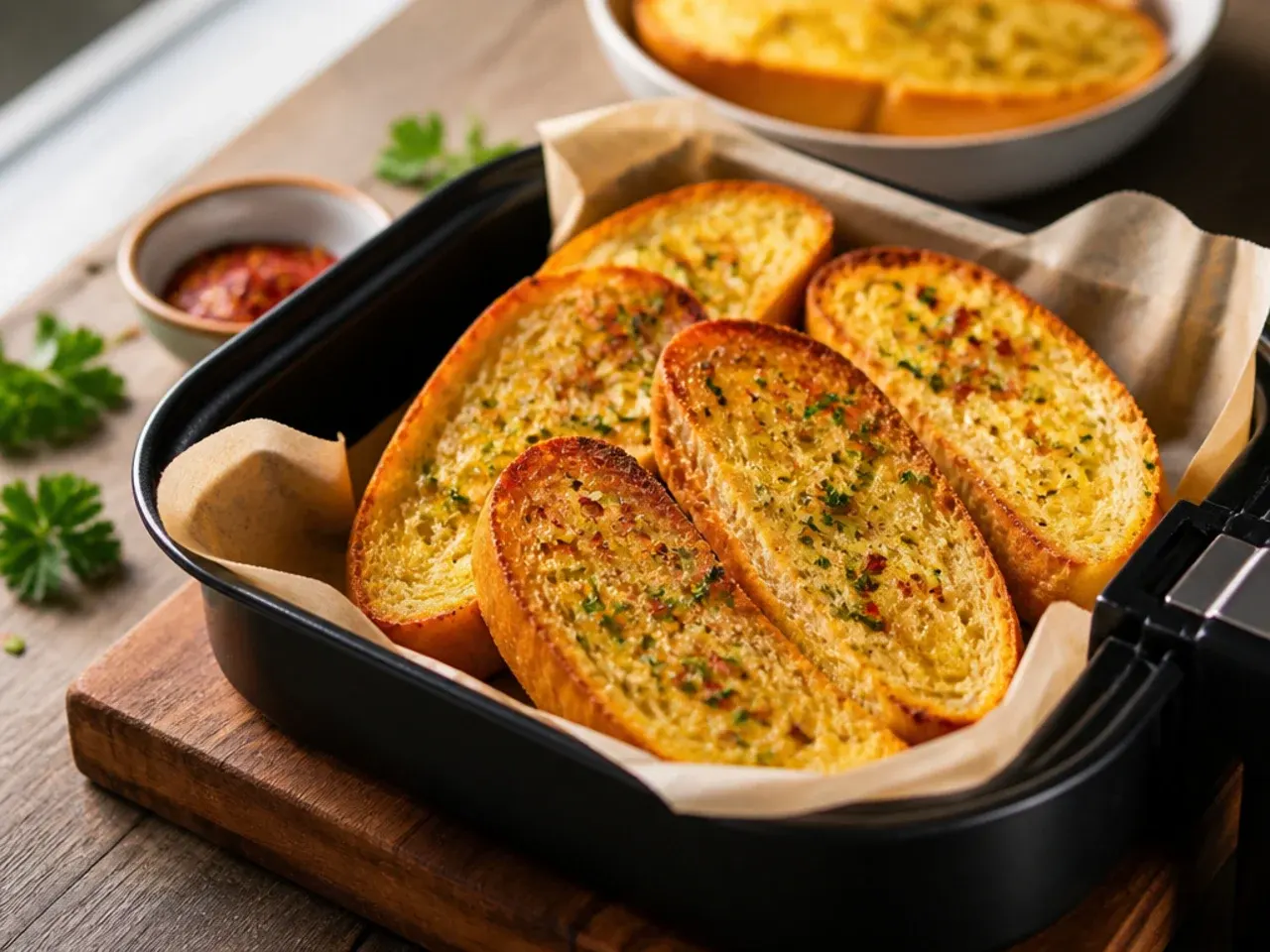 Garlic bread halves in an air fryer basket, edges turning golden brown