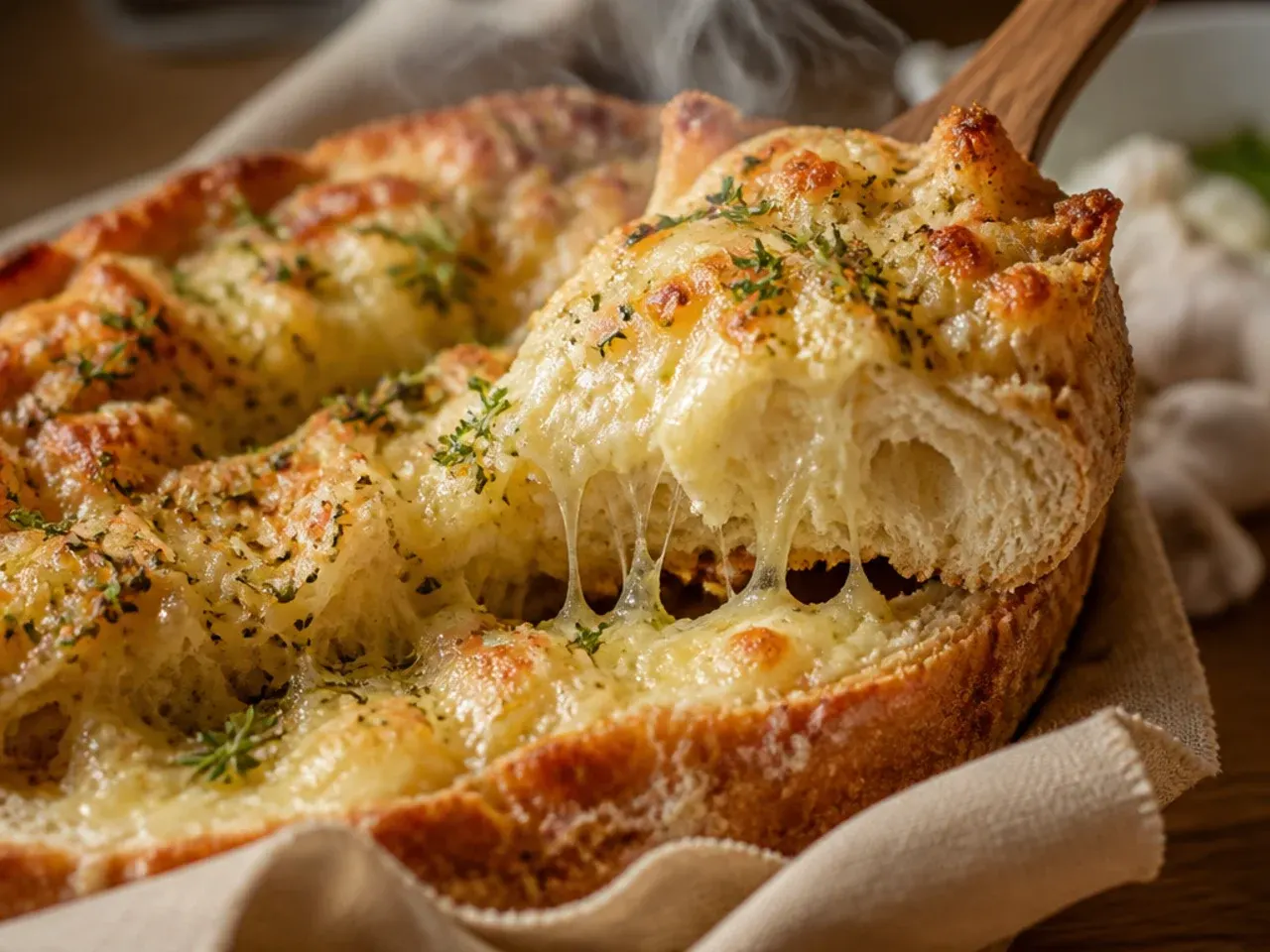 Thick wedges of rustic sourdough garlic bread with a chewy, open crumb