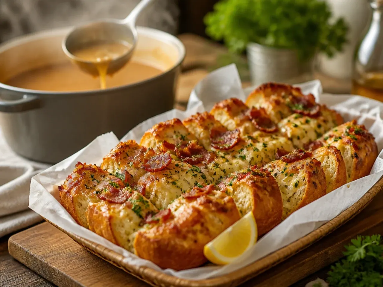 Loaded garlic bread topped with melted cheese and crispy bacon pieces