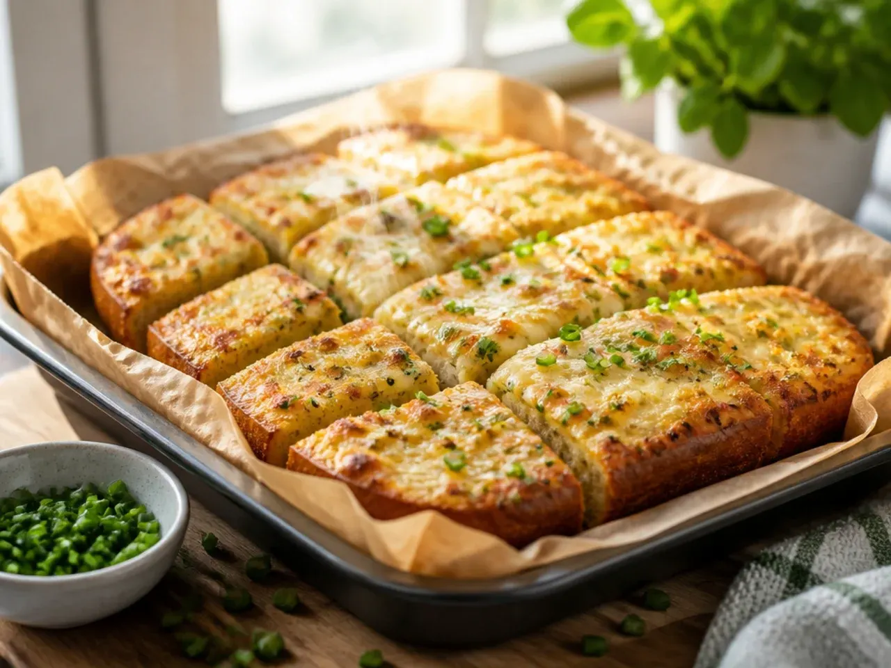 Two baguettes of garlic bread baked side by side on a large family-size tray