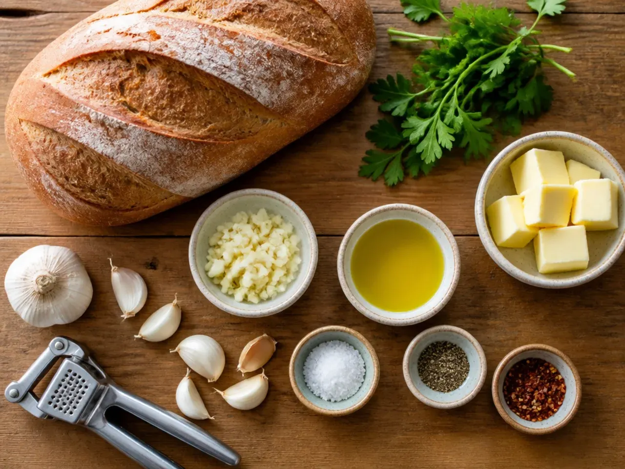 Close-up of a bowl of softened garlic butter being mixed with a fork