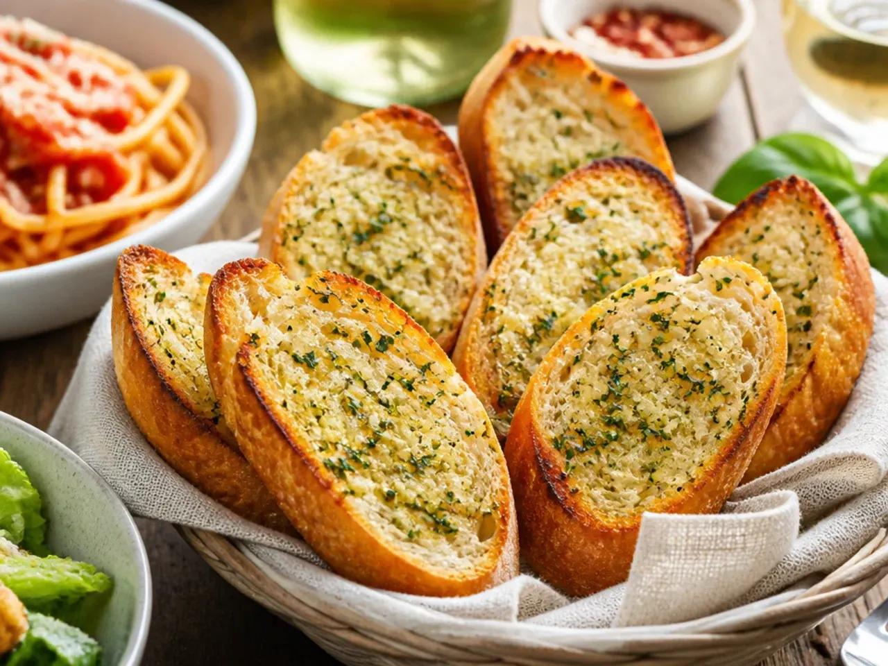 Garlic bread served alongside a bowl of pasta with tomato sauce