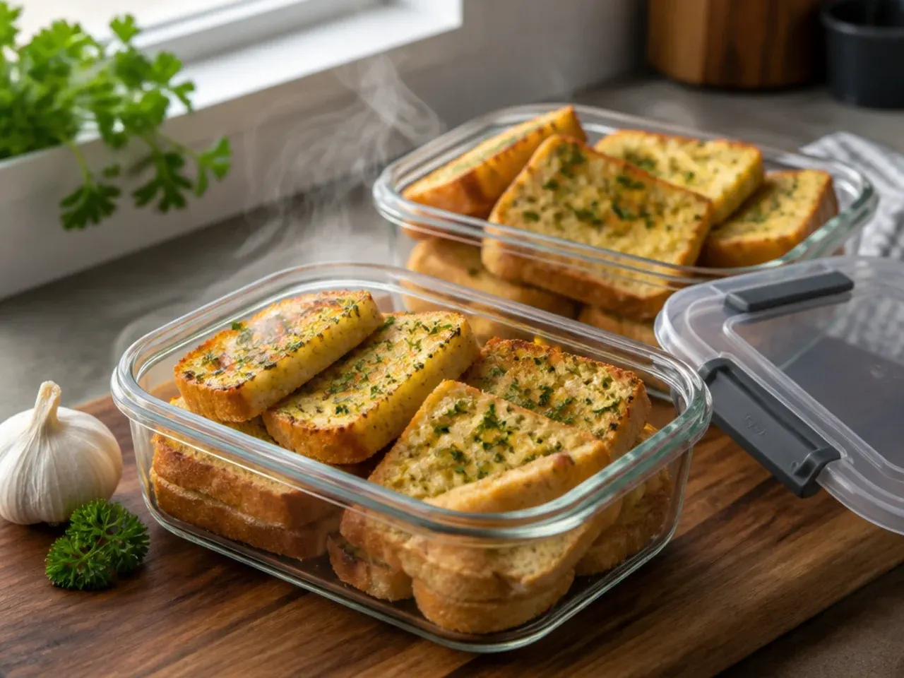 Leftover garlic bread slices stored in an airtight container in the fridge