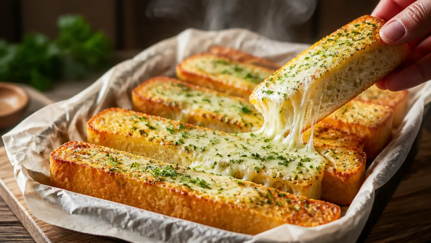 Golden-brown garlic bread sticks brushed with garlic butter and topped with melted Parmesan and chopped parsley, arranged on a wooden board.