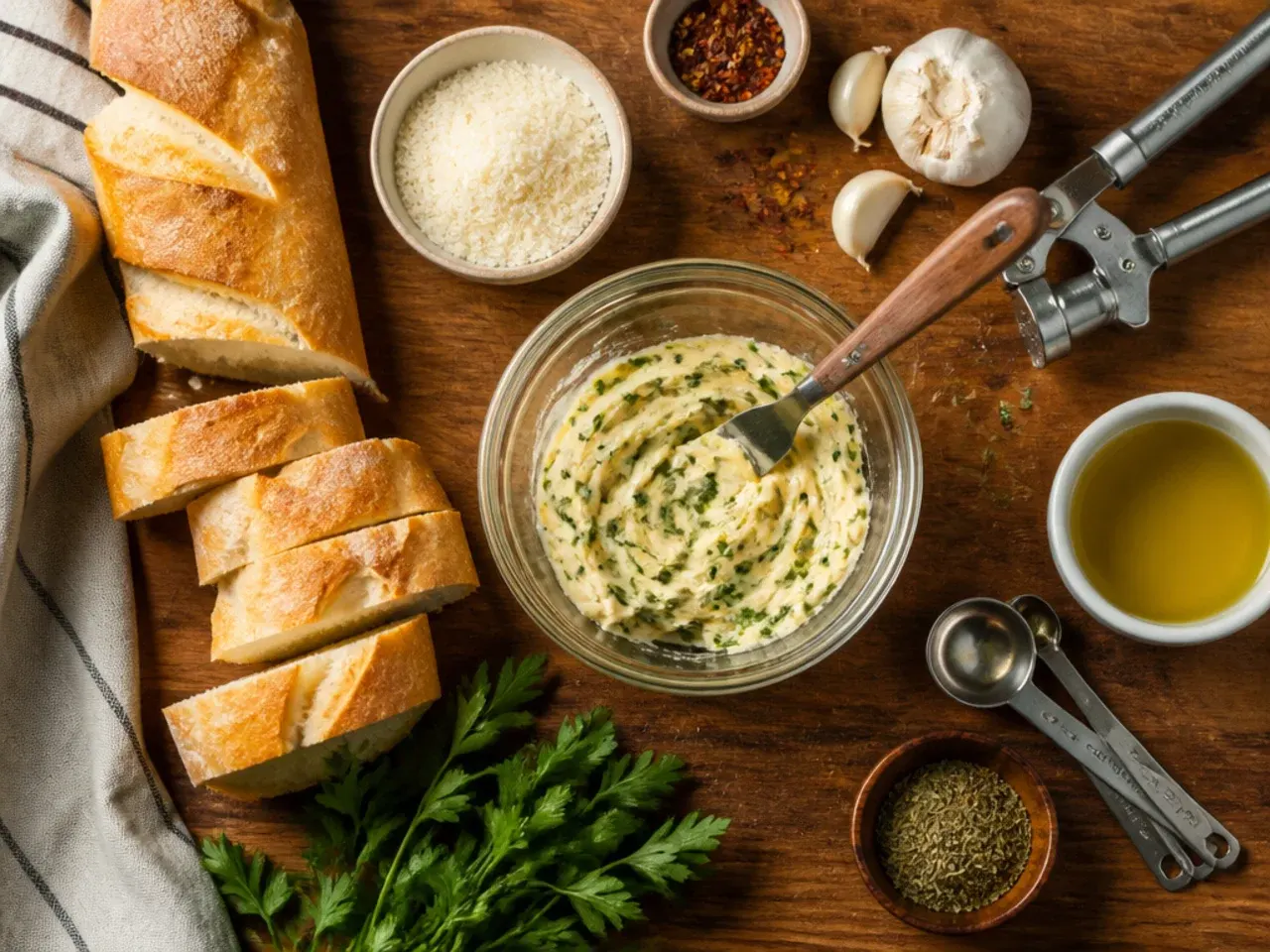 Close-up of a hand brushing melted garlic butter over warm baked garlic bread sticks with a pastry brush.