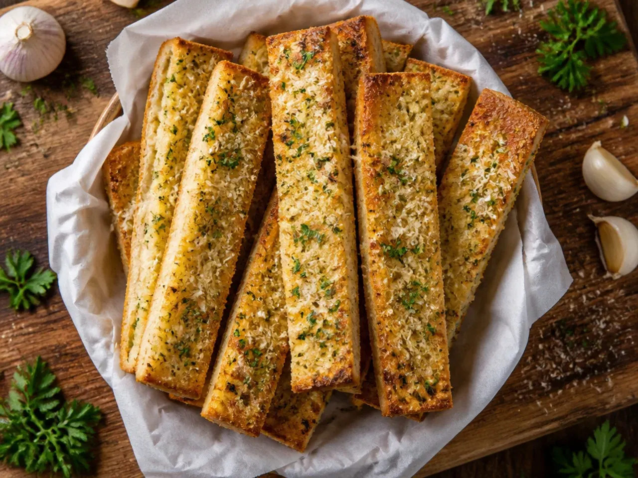 Baked garlic bread sticks wrapped in foil next to a labelled freezer bag ready for storage.