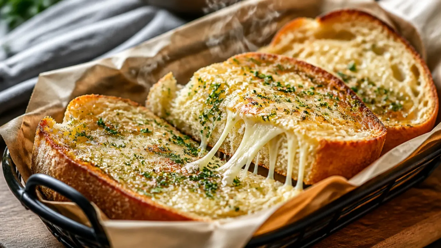 A halved baguette of golden garlic bread with melted cheese and parsley, sliced and steaming on a wooden board