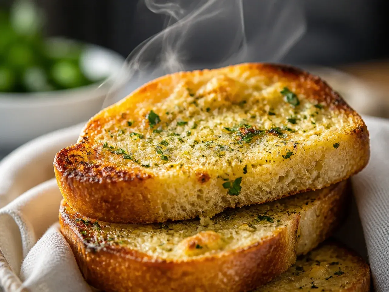 Overhead shot of several garlic bread variations arranged on a table, some cheesy, some herby