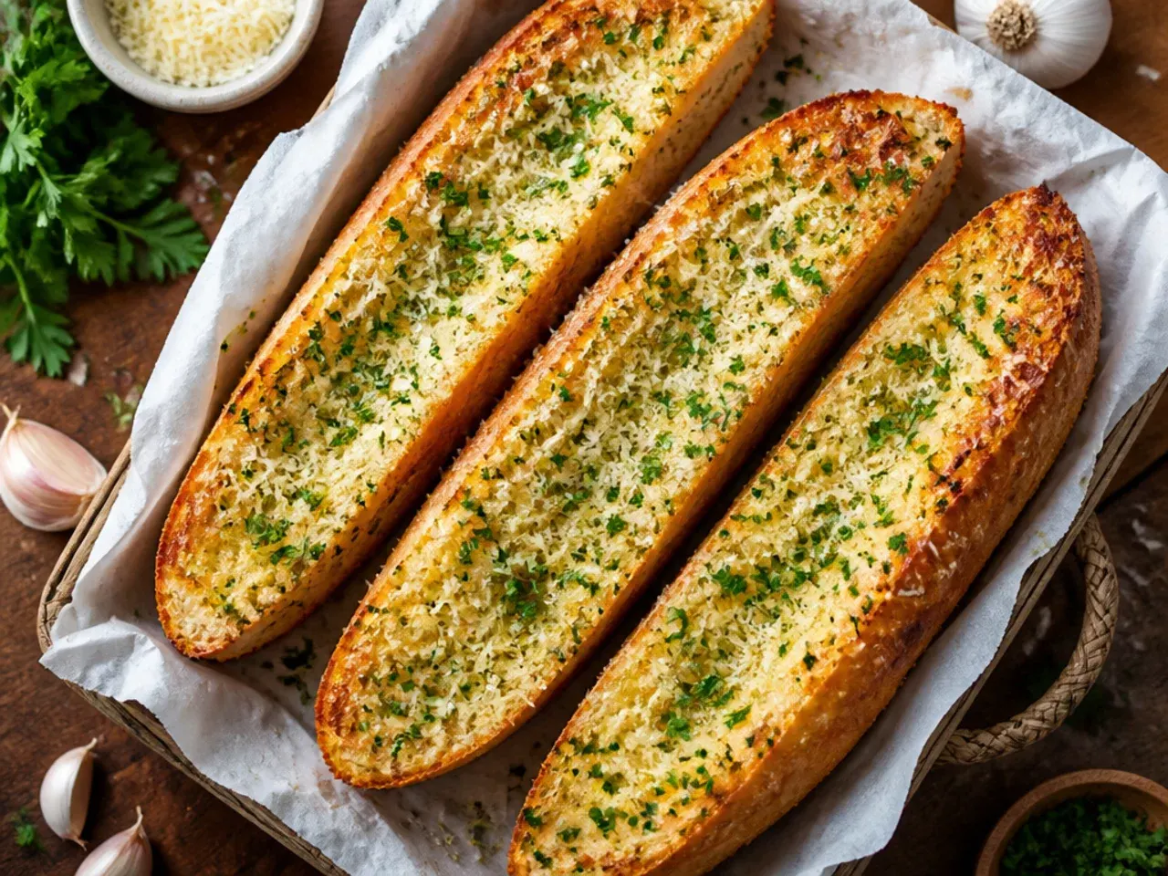 Classic sliced baguette garlic bread with visible flecks of garlic and parsley on golden toasted bread