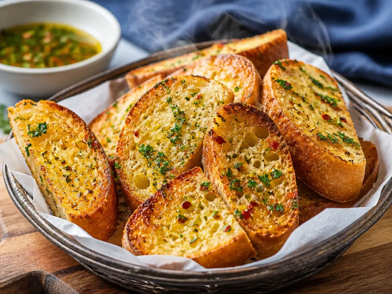Quick garlic bread slices being brushed with melted garlic butter using a pastry brush