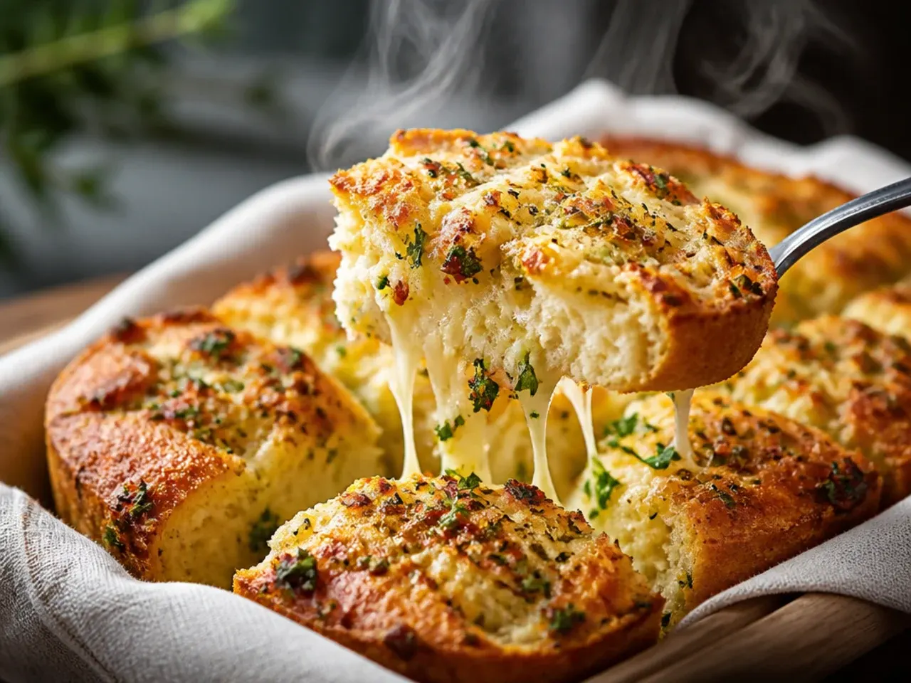 Garlic bread topped generously with mixed fresh green herbs before baking