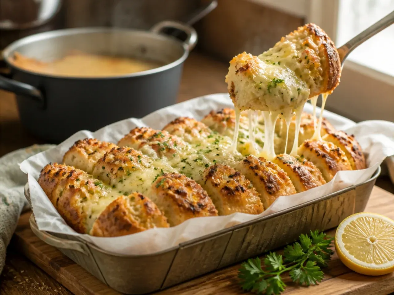 Round pull-apart garlic bread loaf with melted cheese stretching between cut sections