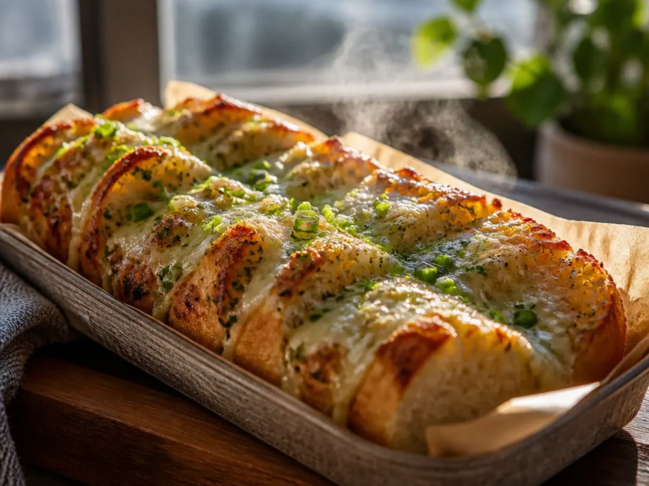 Thick slice of creamy garlic bread showing a soft, cheesy interior against a golden crust