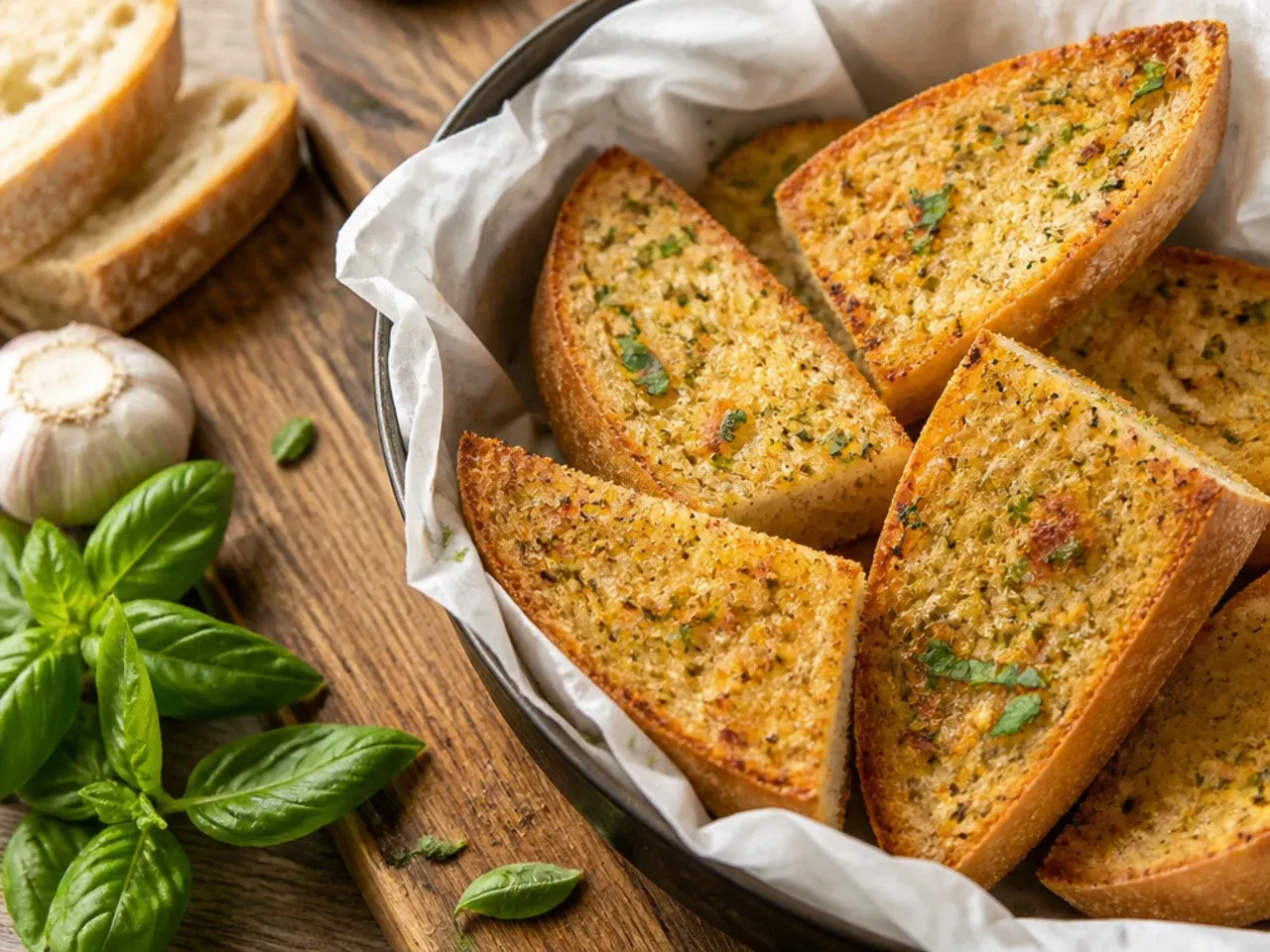 Simple buttery garlic bread with visible grated garlic, no toppings, cut into slices