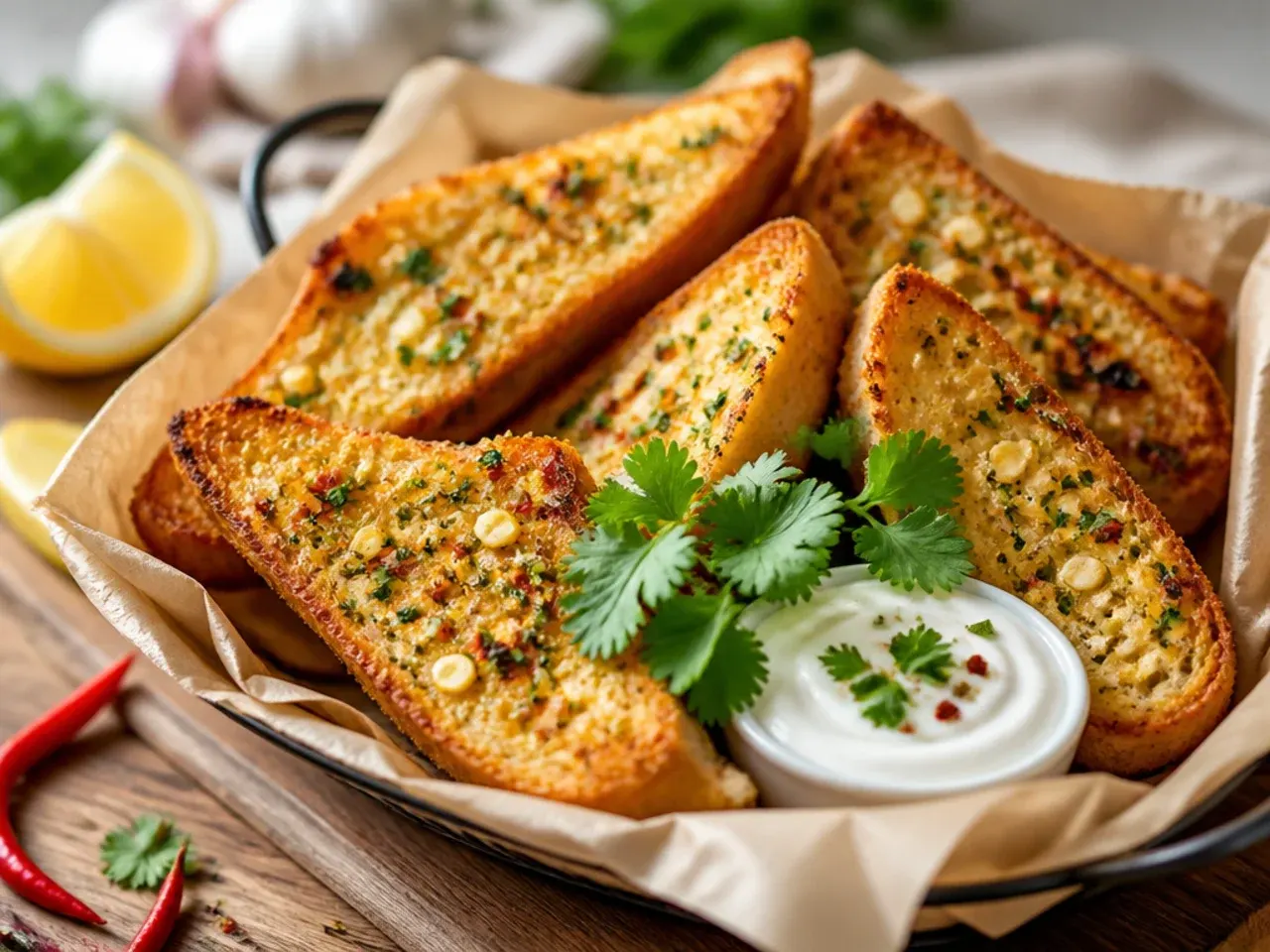 Golden garlic bread scattered with red chilli flakes and lemon zest