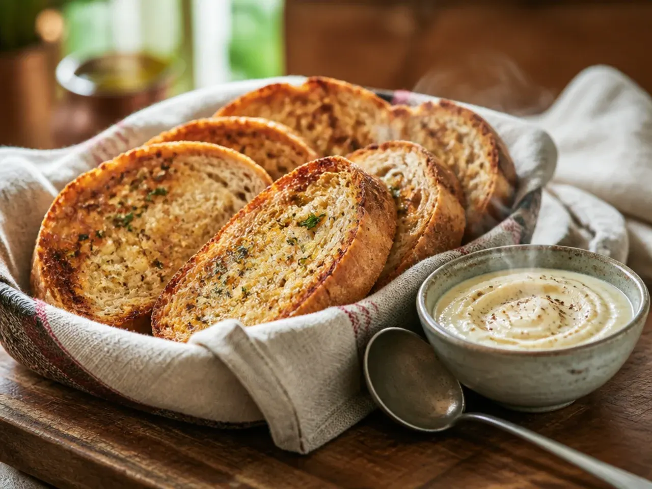 Wholemeal garlic bread slices with visible seeds and a denser, darker crumb