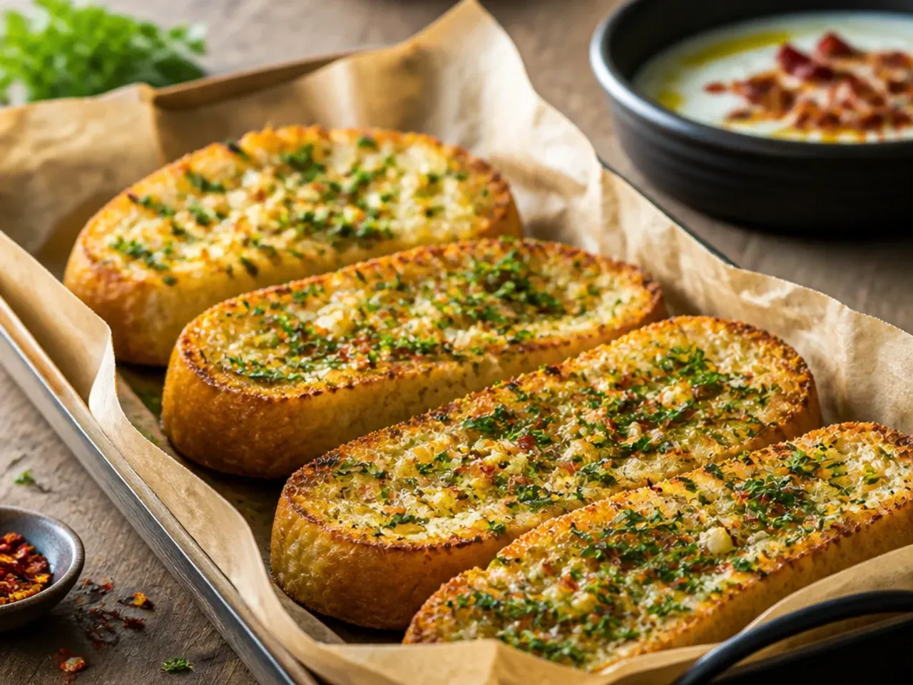 Individual garlic bread slices laid flat on a sheet pan, freshly baked and golden