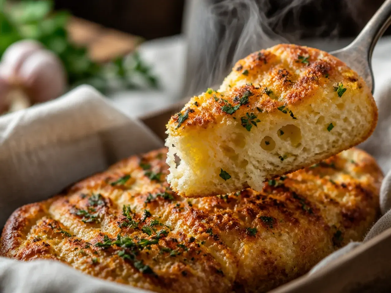 Torn rustic sourdough garlic bread with an open, chewy crumb and golden crust