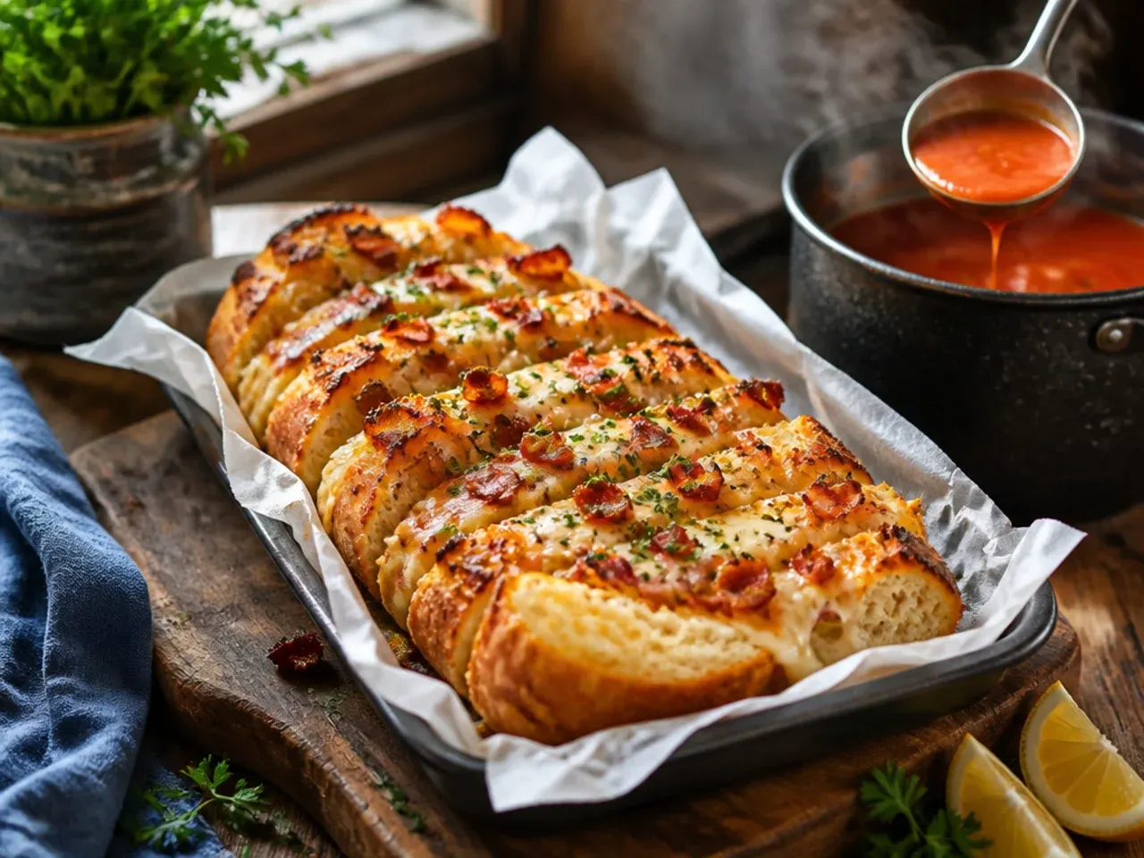 Loaded garlic bread topped with melted cheese and crispy bacon pieces