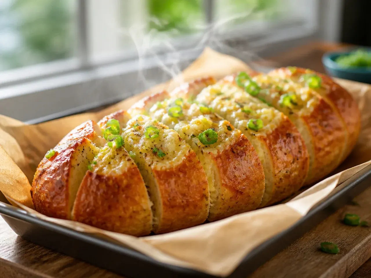 Large family-size garlic bread loaf cut into thick, generous slices