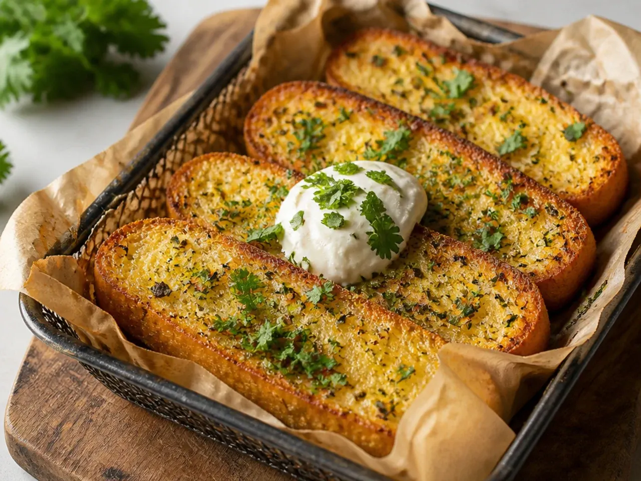 Garlic bread halves being placed into an air fryer basket
