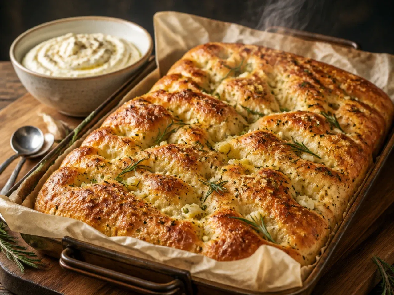 Focaccia-style garlic bread with dimpled surface, rosemary and pooled garlic butter