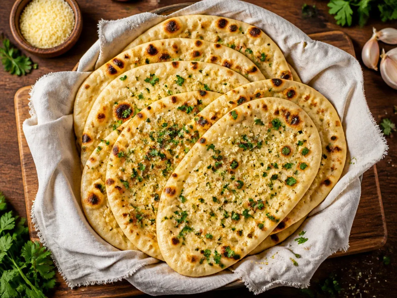 Garlic butter naan bread on a griddle pan with charred blistered spots