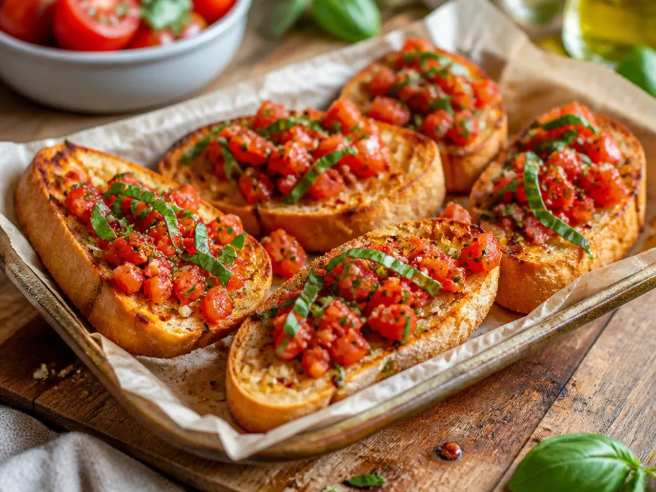 Garlic bread topped with fresh diced tomatoes and torn basil leaves