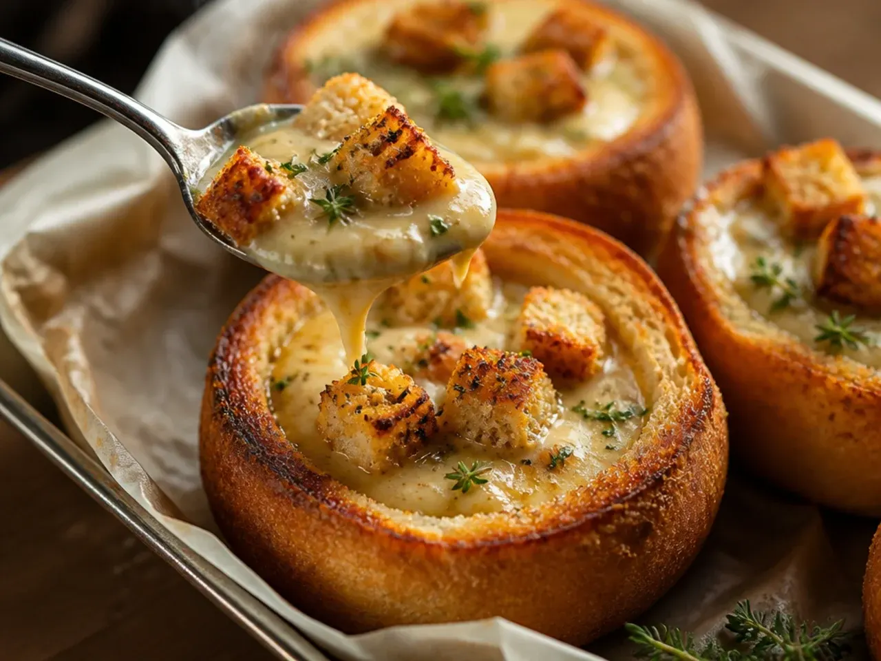 Garlic bread cut into finger-sized dippers beside a bowl of soup