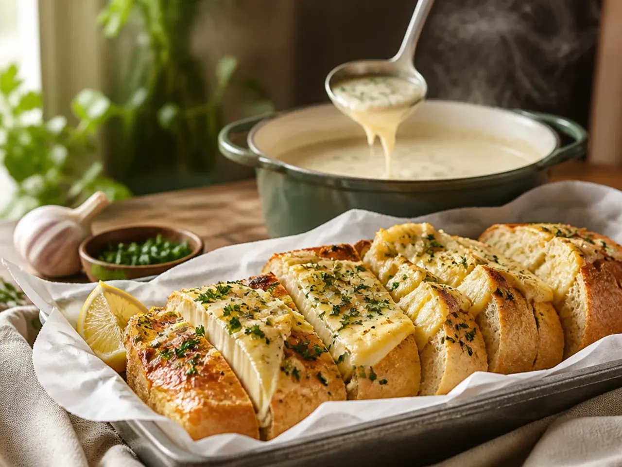 Garlic bread topped with melted brie cheese, soft and oozing over golden bread
