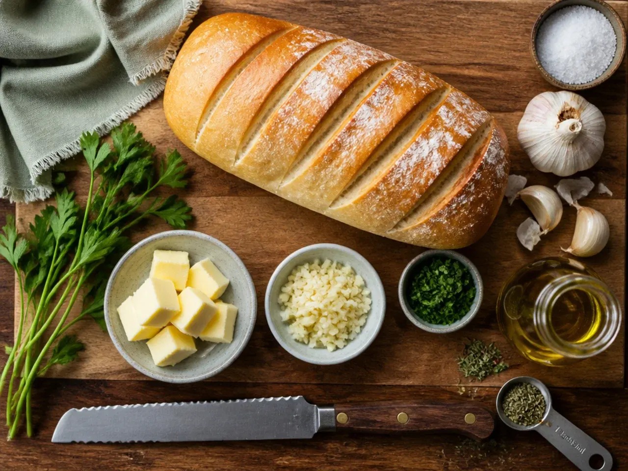 Close-up of hands spreading garlic butter evenly over a split baguette