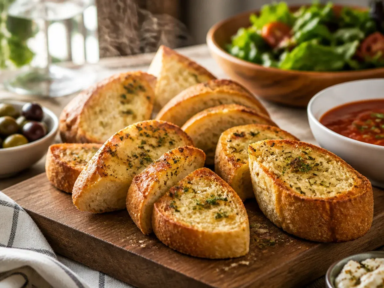 Table spread with garlic bread, a bowl of pasta and a green salad