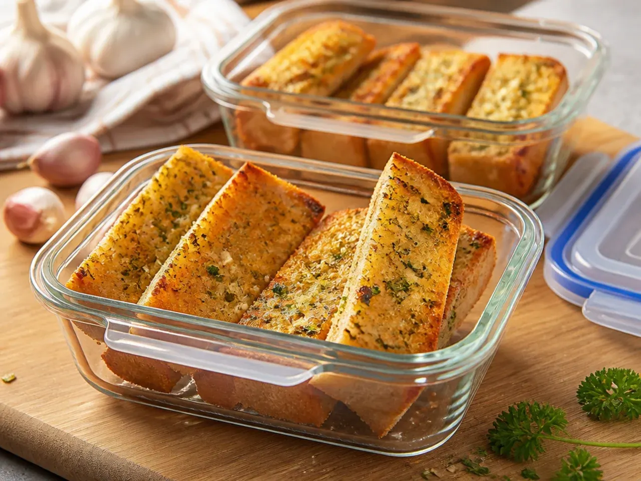 Foil-wrapped garlic bread slices being placed into the freezer