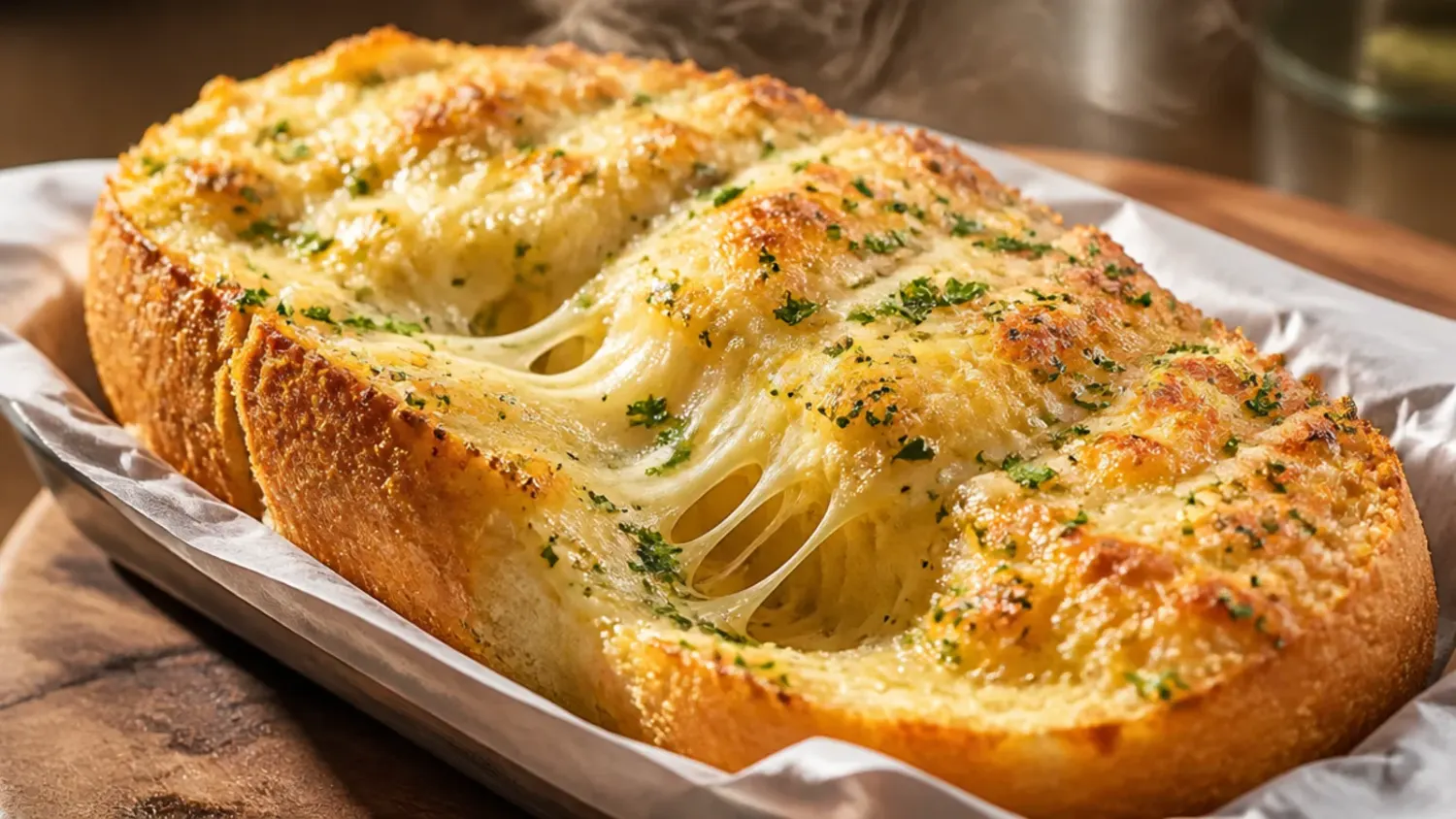 Golden baked garlic cheese bread sliced open on a wooden board with melted cheese pulling apart
