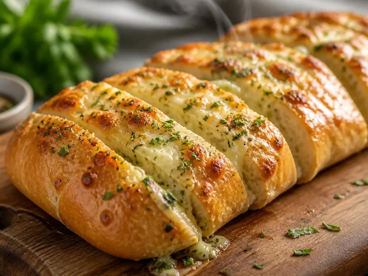 Golden baked garlic cheese bread sliced on a wooden board with melted cheese pulling apart