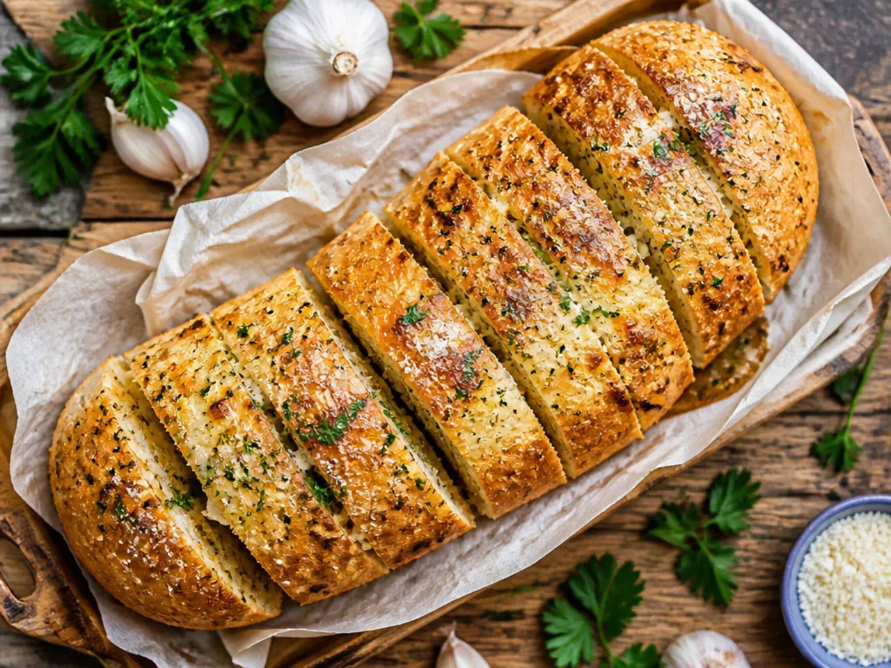Split French loaf topped with garlic butter and melted mozzarella and Parmesan