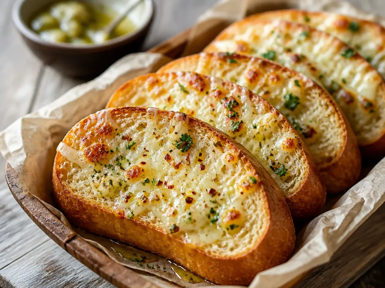 Simple baguette halves spread with garlic powder butter and shredded cheese before baking