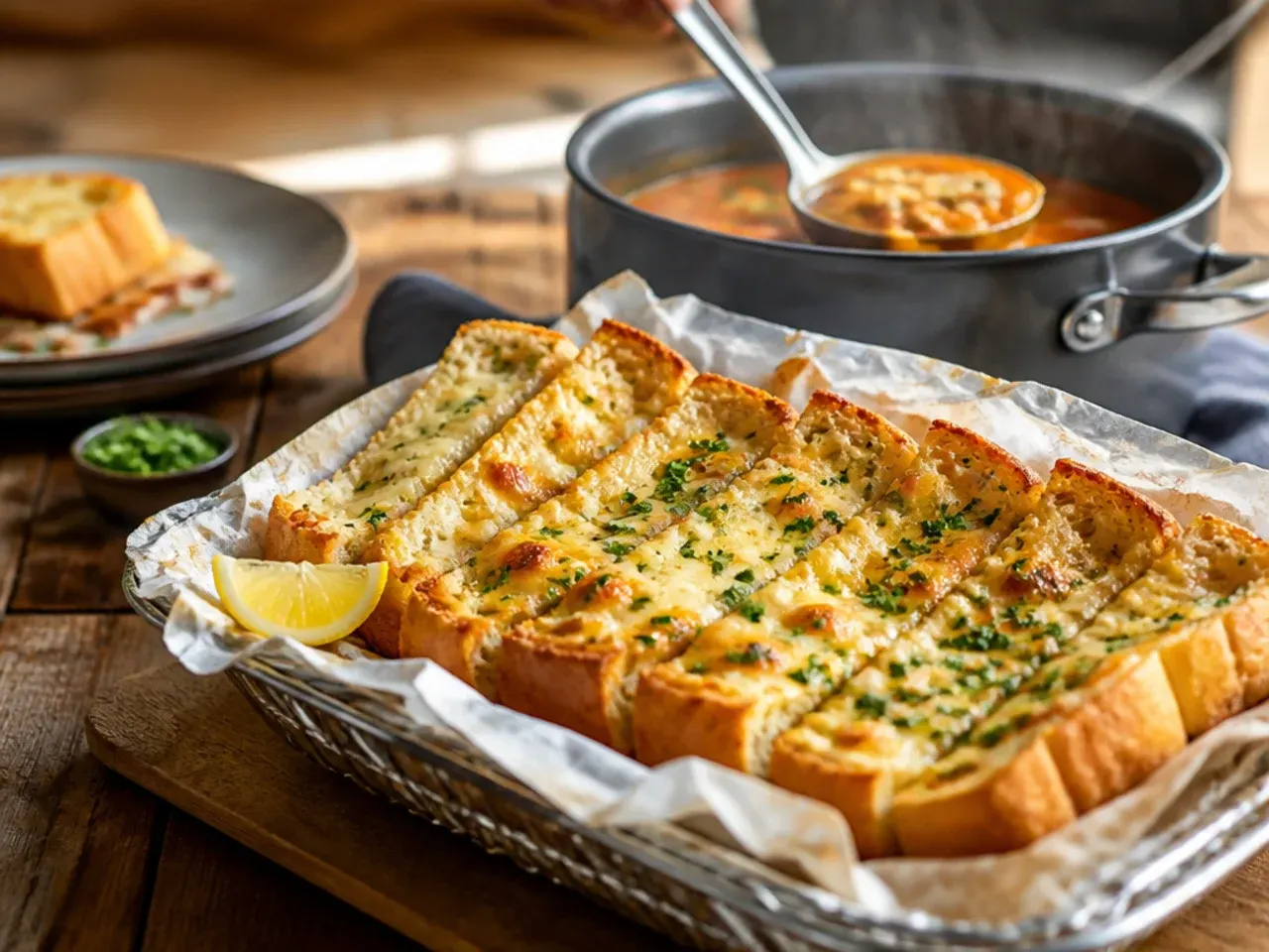 Foil-wrapped garlic cheese bread loaf being opened to reveal a soft melted top