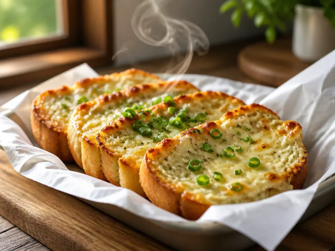 Creamy garlic and mayonnaise butter being spread thickly over bread halves