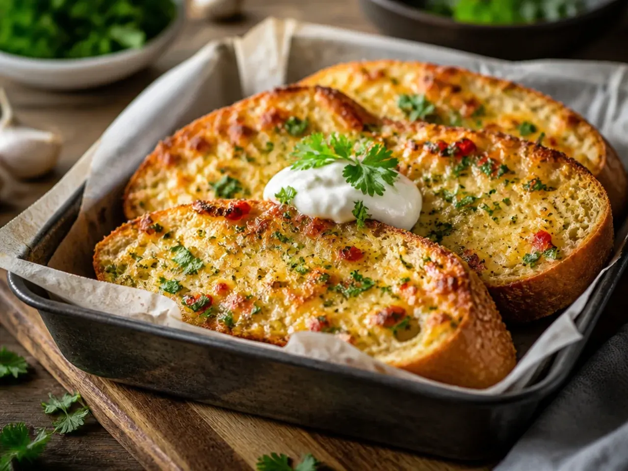 Garlic cheese bread topped with chilli flakes, lemon zest and fresh parsley