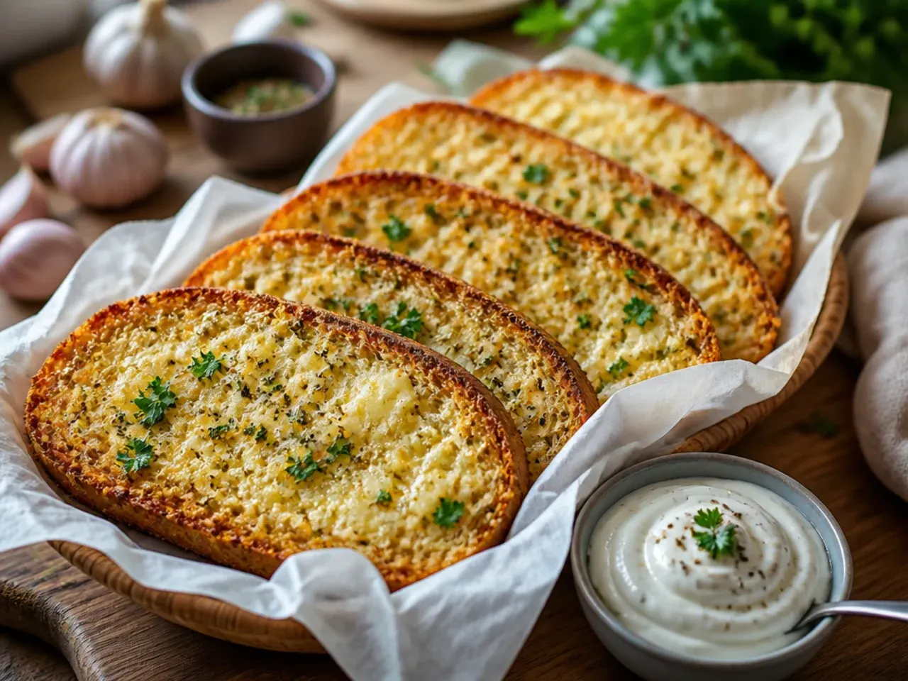Wholemeal garlic cheese bread slices with a visible seeded crust