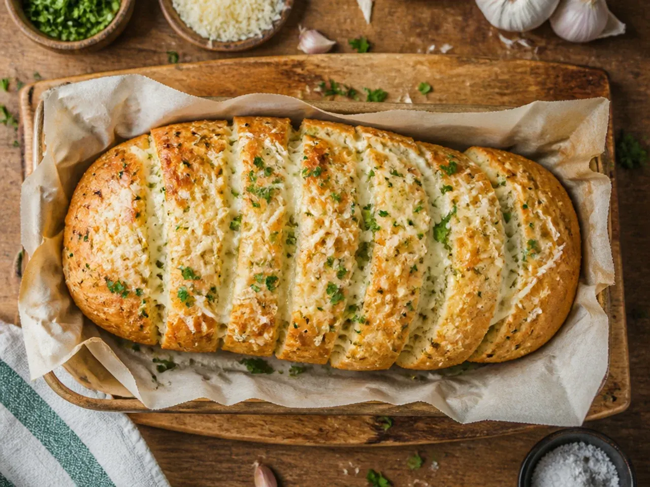 Budget sliced bread topped with garlic butter and cheese on a baking tray