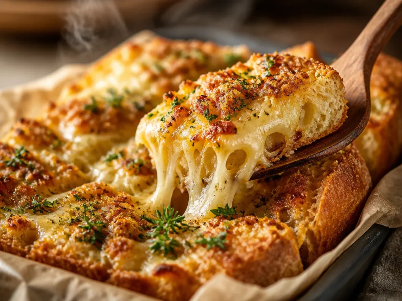 Torn rustic sourdough loaf pieces topped with chunky garlic butter and cheese