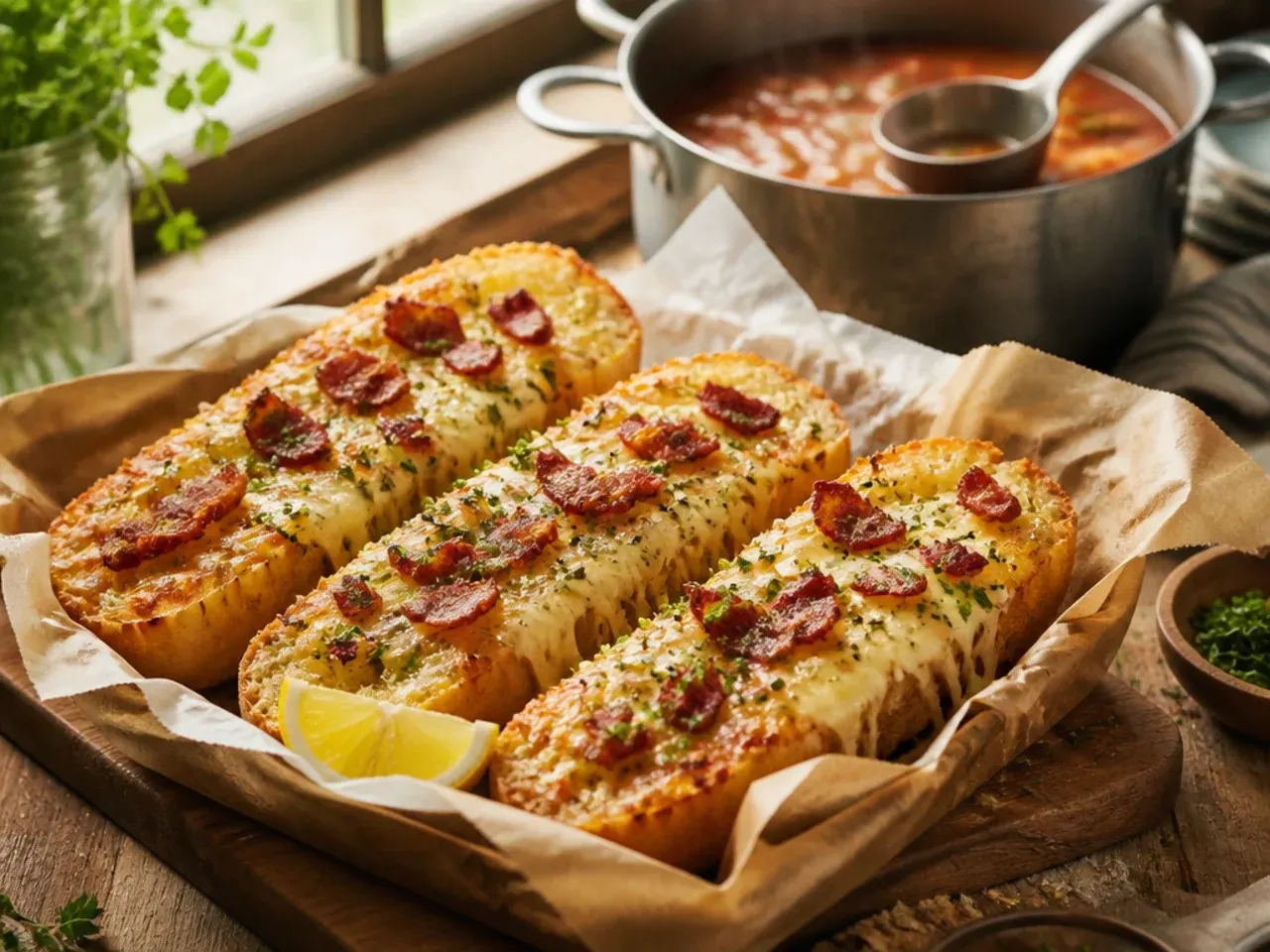 Loaded garlic cheese bread topped with crispy bacon, four cheeses and spring onion