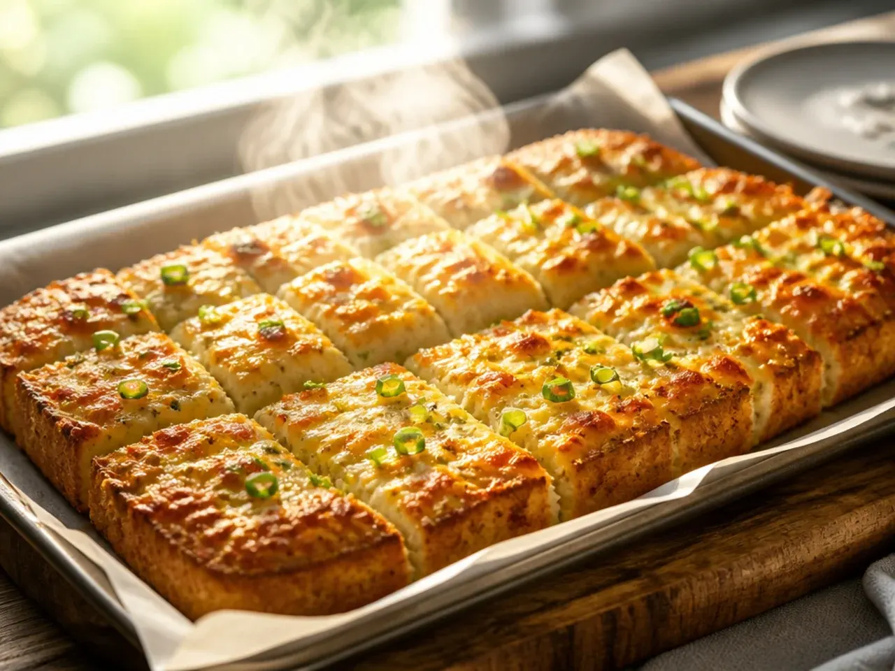 Large sheet pan with multiple loaves of garlic cheese bread ready to serve a crowd