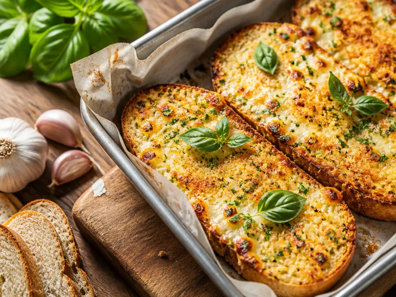 Best-ever double-baked garlic cheese bread with deeply golden bubbling cheese top