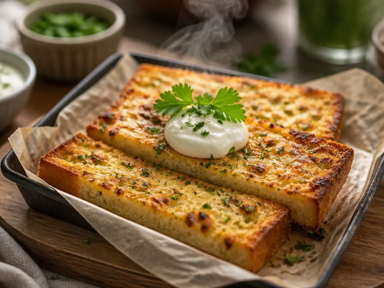 Garlic cheese bread pieces melting in an air fryer basket